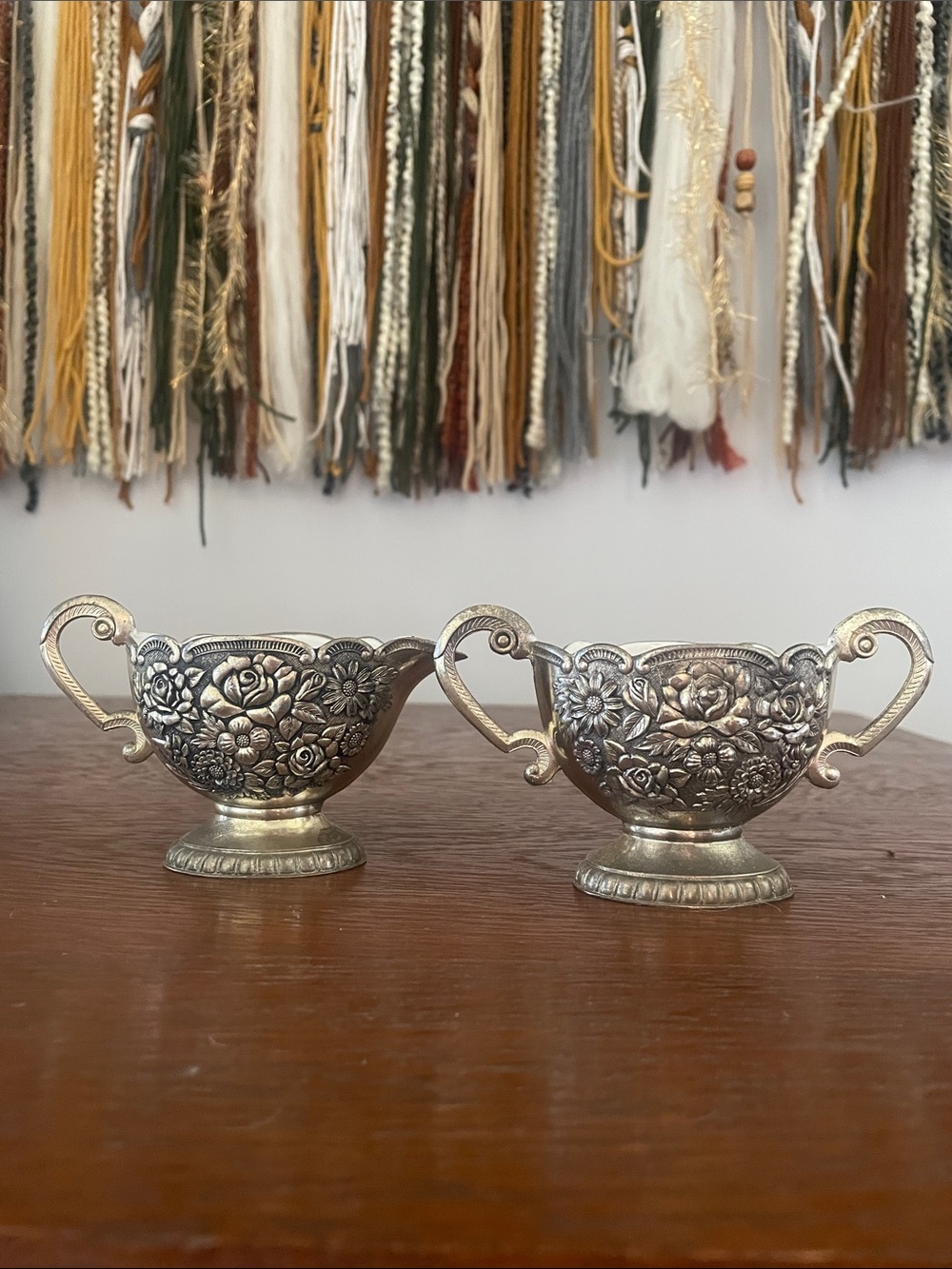 Vintage silver Ornate Floral Double-Handled Silver Sugar Bowl and creamer